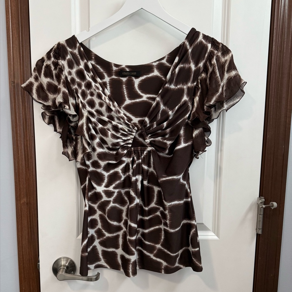 Roberto Cavalli Brown, White, Zebra Stretchy V-Neck Too Size 48 EUC